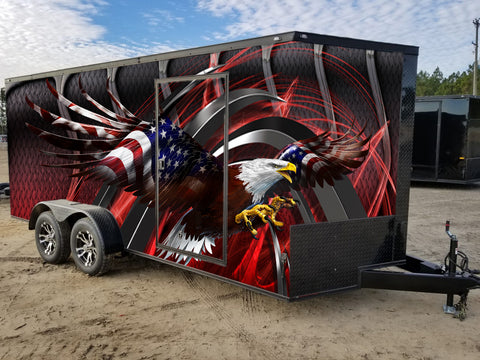 Custom Enclosed Trailer Designs by Greenback Graphics- Red & Chrome with Egale
