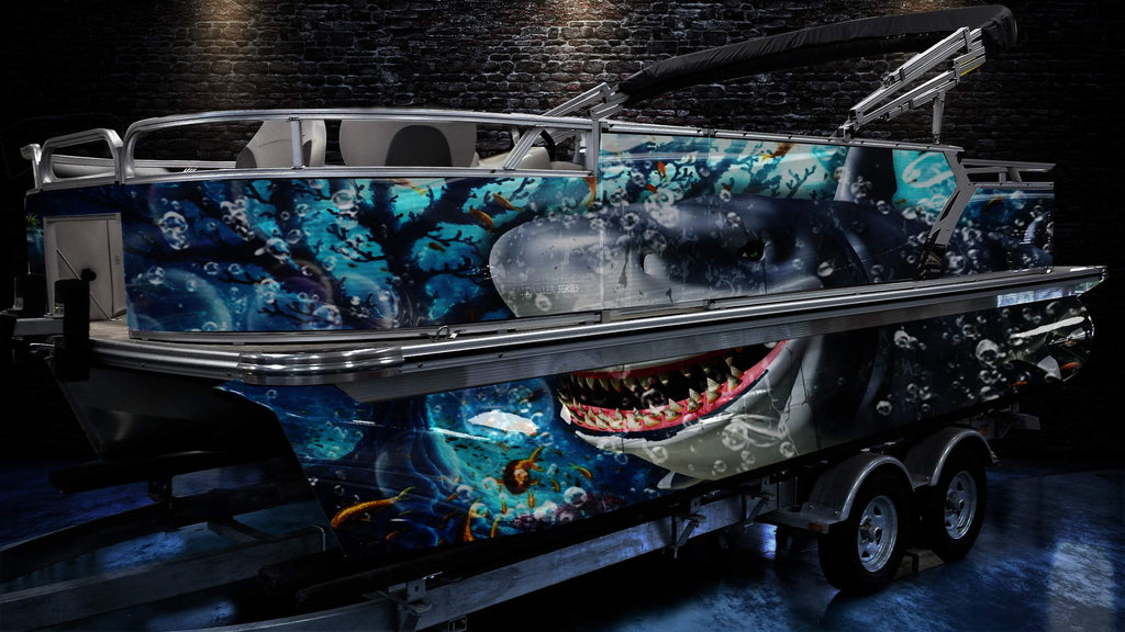 Pontoon Boat Wrap and toon wrap design- Shark – GREENBACK WRAPS.COM